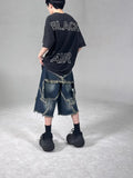 Men's blue retro denim shorts with frayed five-pointed star design and distressed detailing