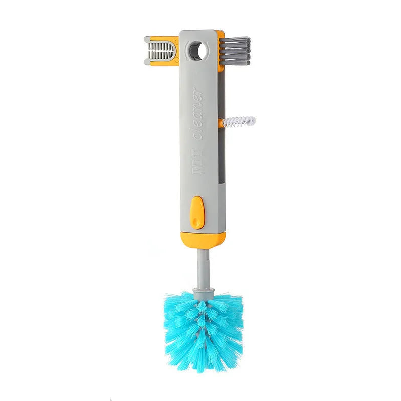 Blue and grey 4-in-1 bottle gap cleaner brush with U-shaped silicone design and stranded wire tools