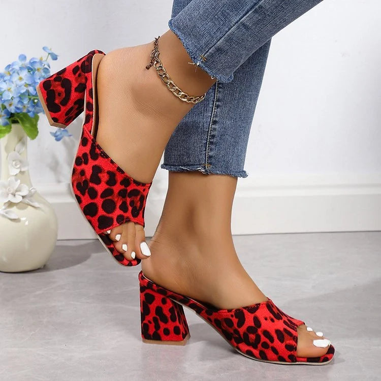 Leopard print square toe sandals with chunky heel for women in white, red, and camel