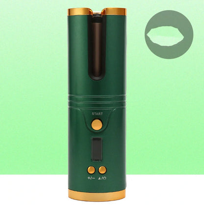 Wireless mini USB hair curler with gold spray paint shell showing 21-30mm barrel and temperature control buttons