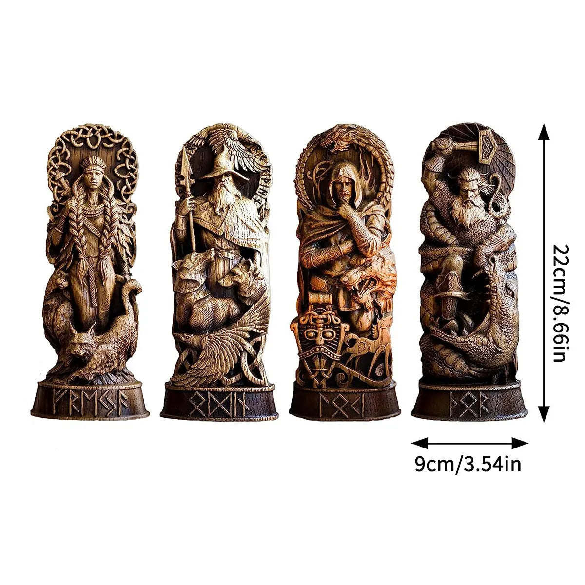 Set of four Norse mythology resin hero statues Odin Thor Freya Loki wood carving style 22 cm tall