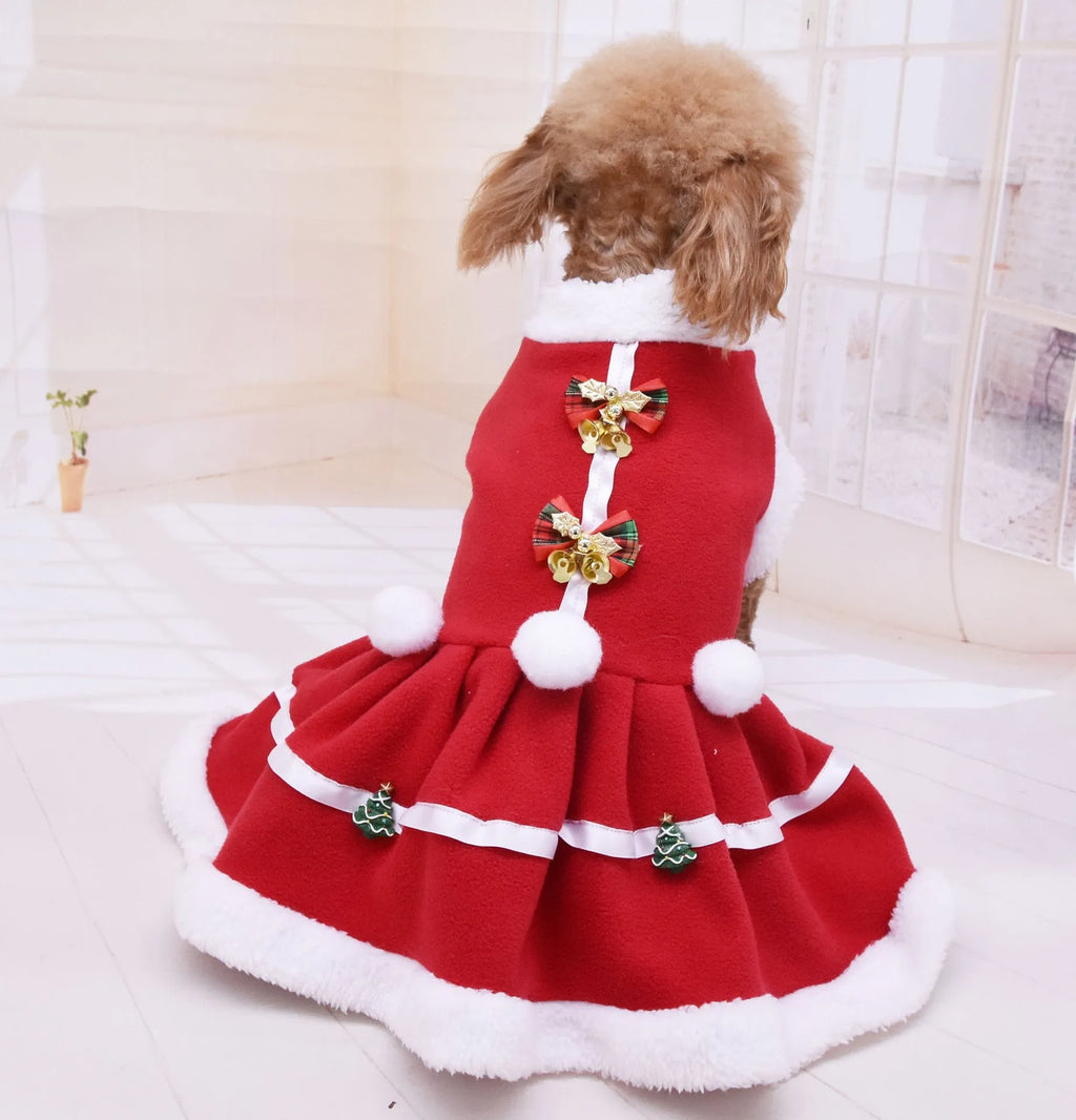 Red fleece Christmas dog dress with skirt design on a small dog, size S to XXL available.