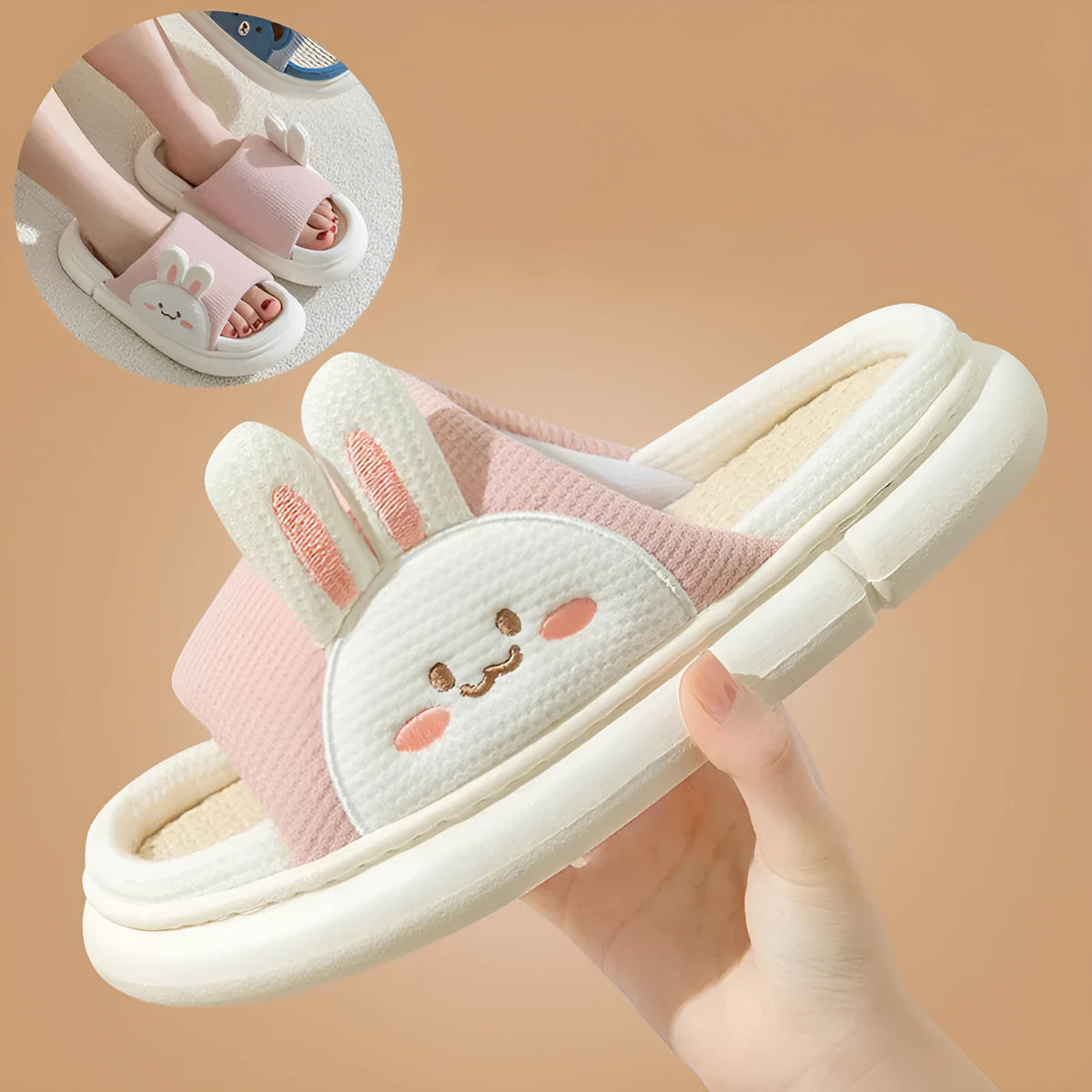 Cute rabbit slippers flip-flops for women and couples with stereoscopic rabbit design, fabric upper, PVC sole, in pink colour