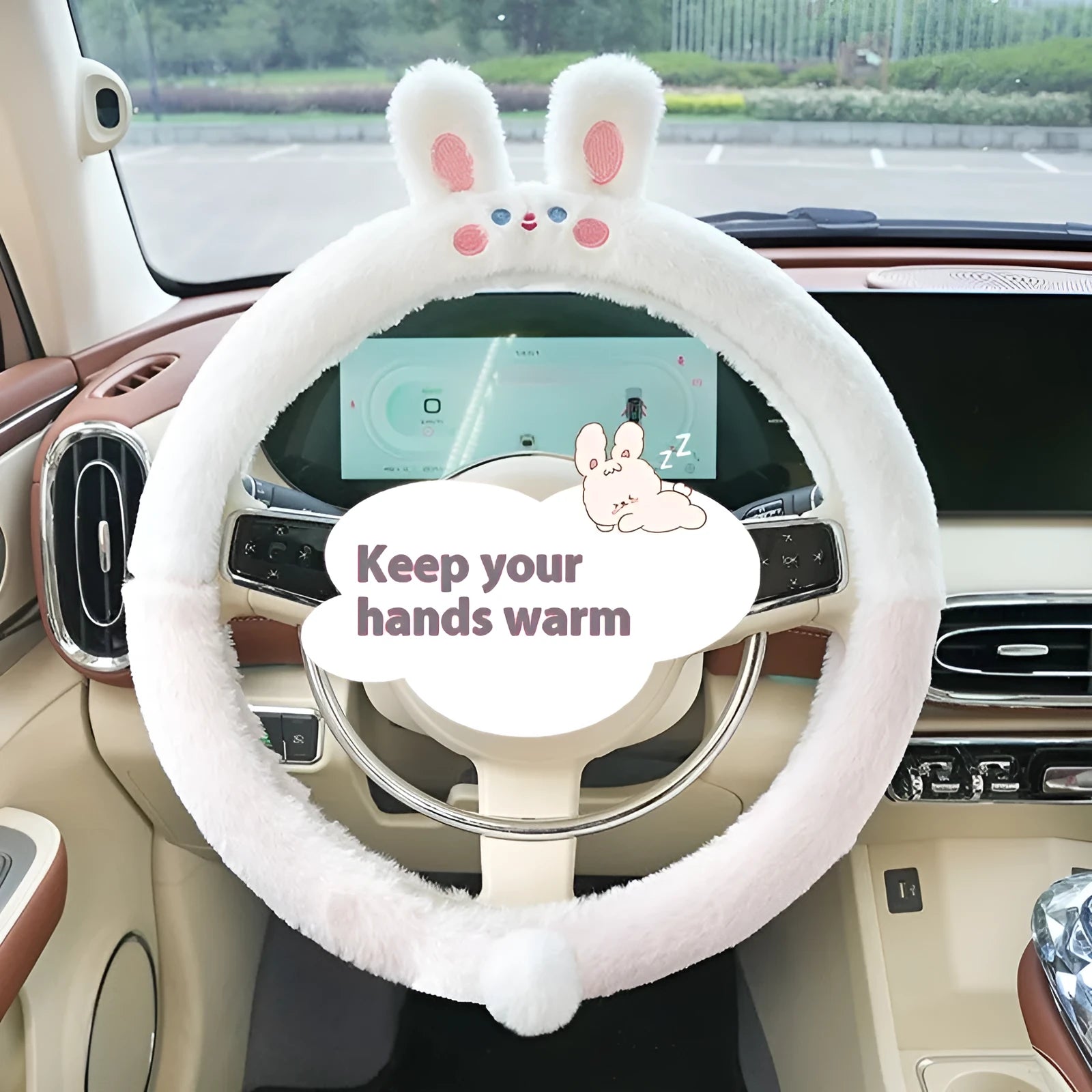 Plush rabbit fur steering wheel cover with embroidered panda design, shown fitted on a car wheel.