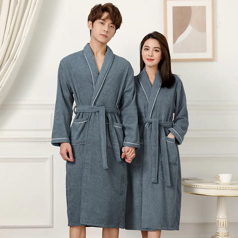 Cotton terry bathrobe in peacock blue, super thick 301-350g, simple casual style for men and women