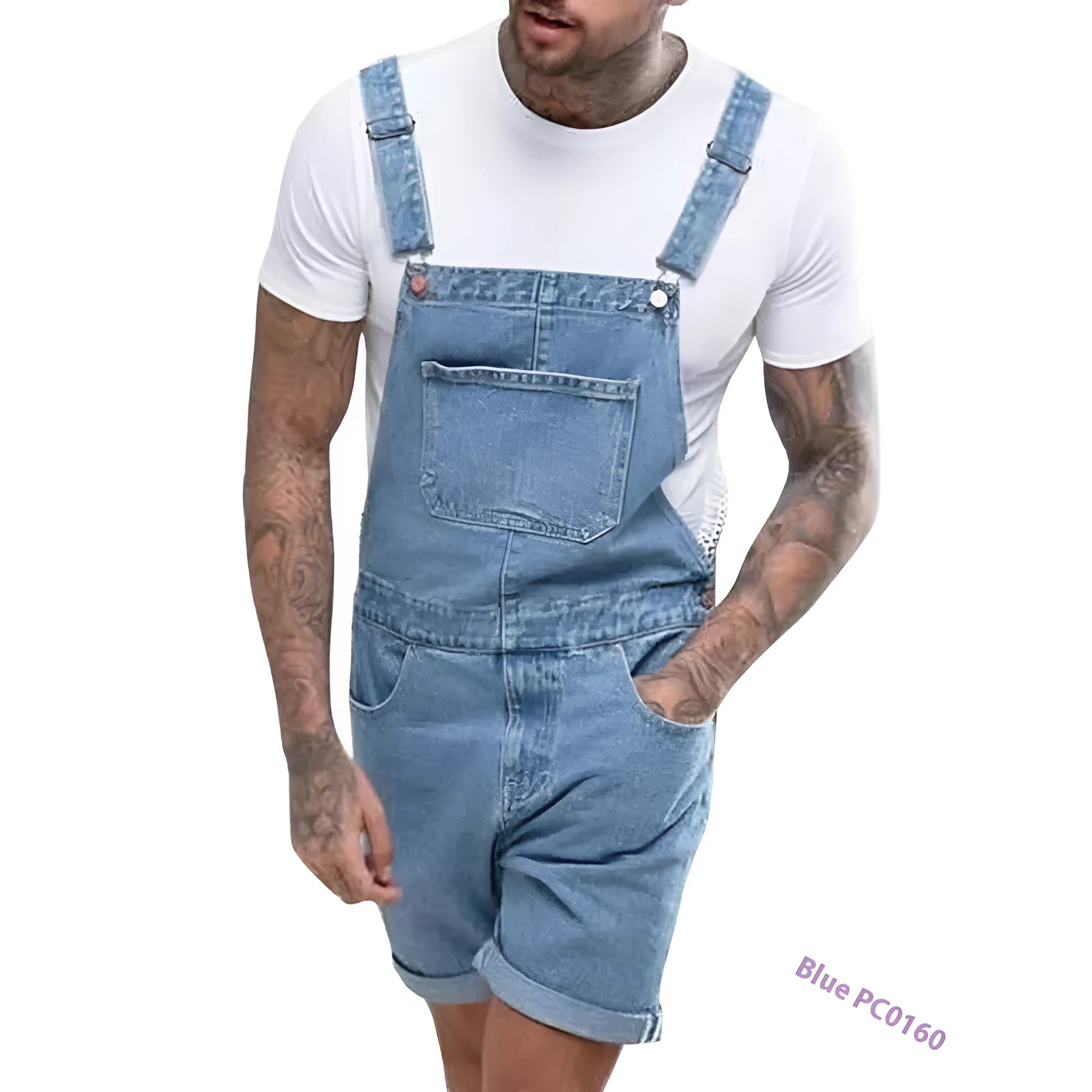 Men's medium elastic denim suspender pants in straight leg cut with detachable suspenders