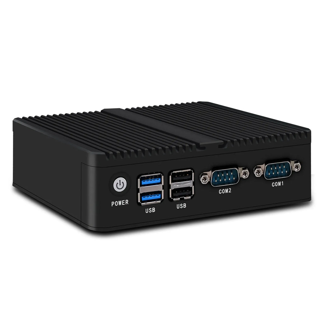 Compact metal fanless industrial mini host computer unit with connectivity ports.