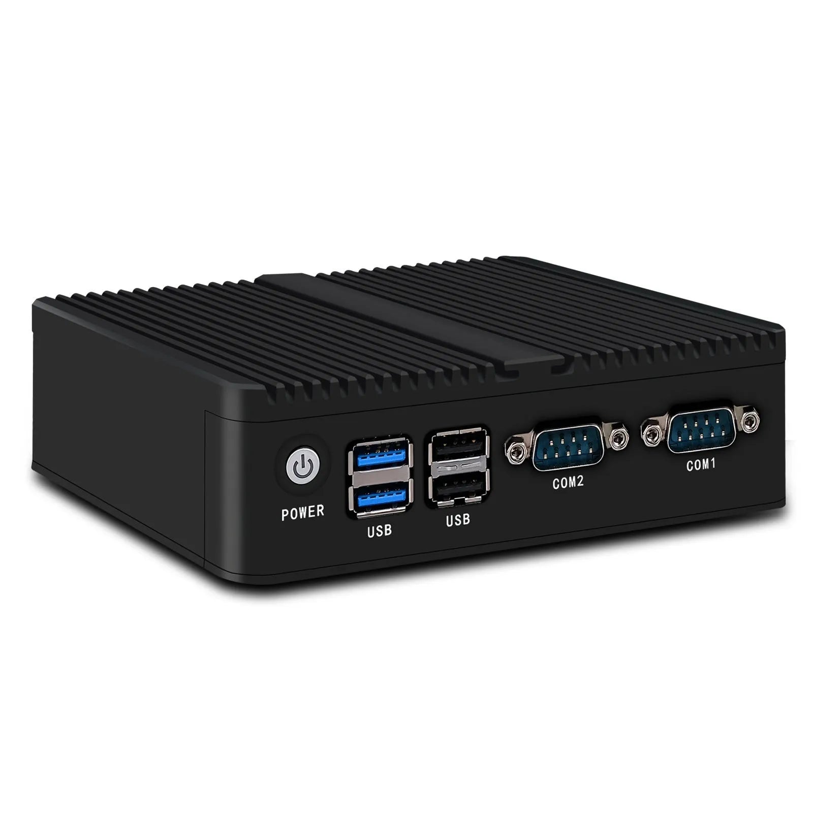 Compact metal fanless industrial mini host computer unit with connectivity ports.
