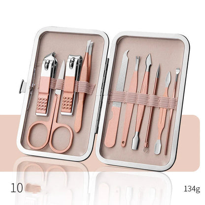 Professional Nail Care Set with stainless steel tools in a leather case