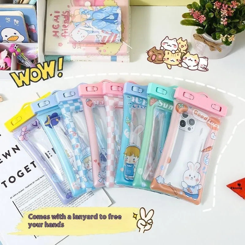 PVC waterproof phone bag with touch screen, 21x11.5cm, airbag cushioning, and gift lanyard in cartoon pattern styles