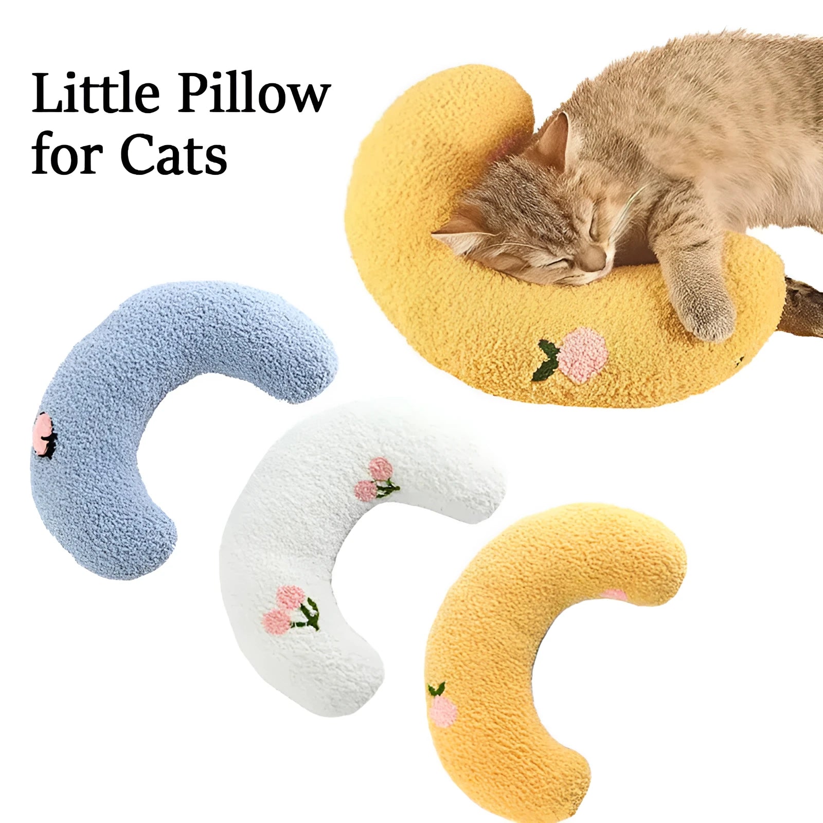 A small blue U-shaped plush pillow for a cat or small dog to sleep in.