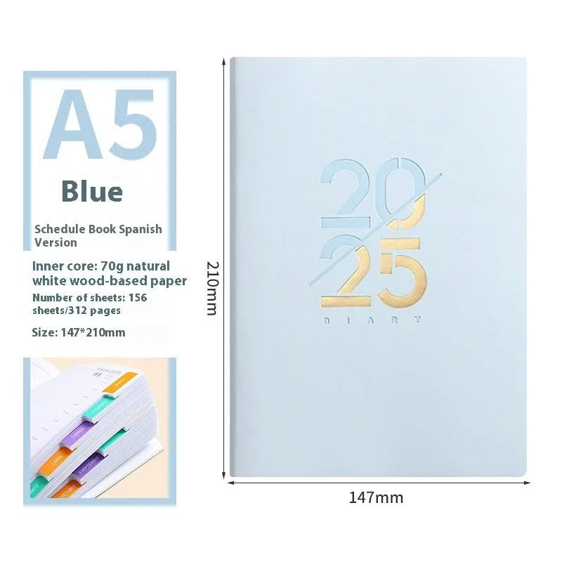 A5 2025 daily planner with soft faux leather cover in blue, green, pink, purple, or yellow.