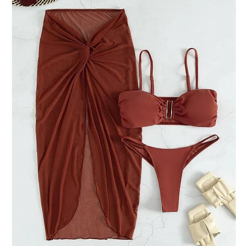Women's three-piece bikini set with long culottes skirt in multicolour options