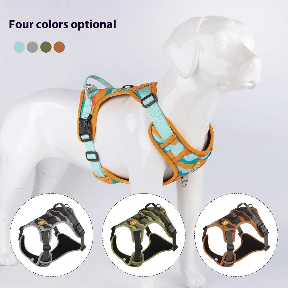 Orange reflective dog lead with chest and back attachment on a grey background.