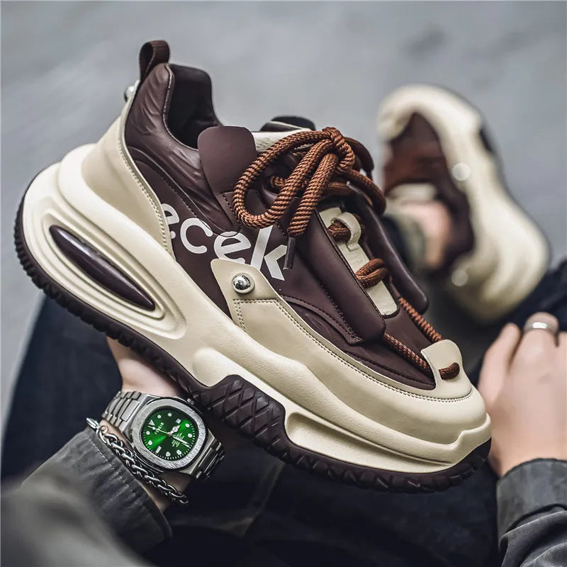 Men's casual sports waterproof dad shoes in solid colour with platform rubber sole and leather stitching