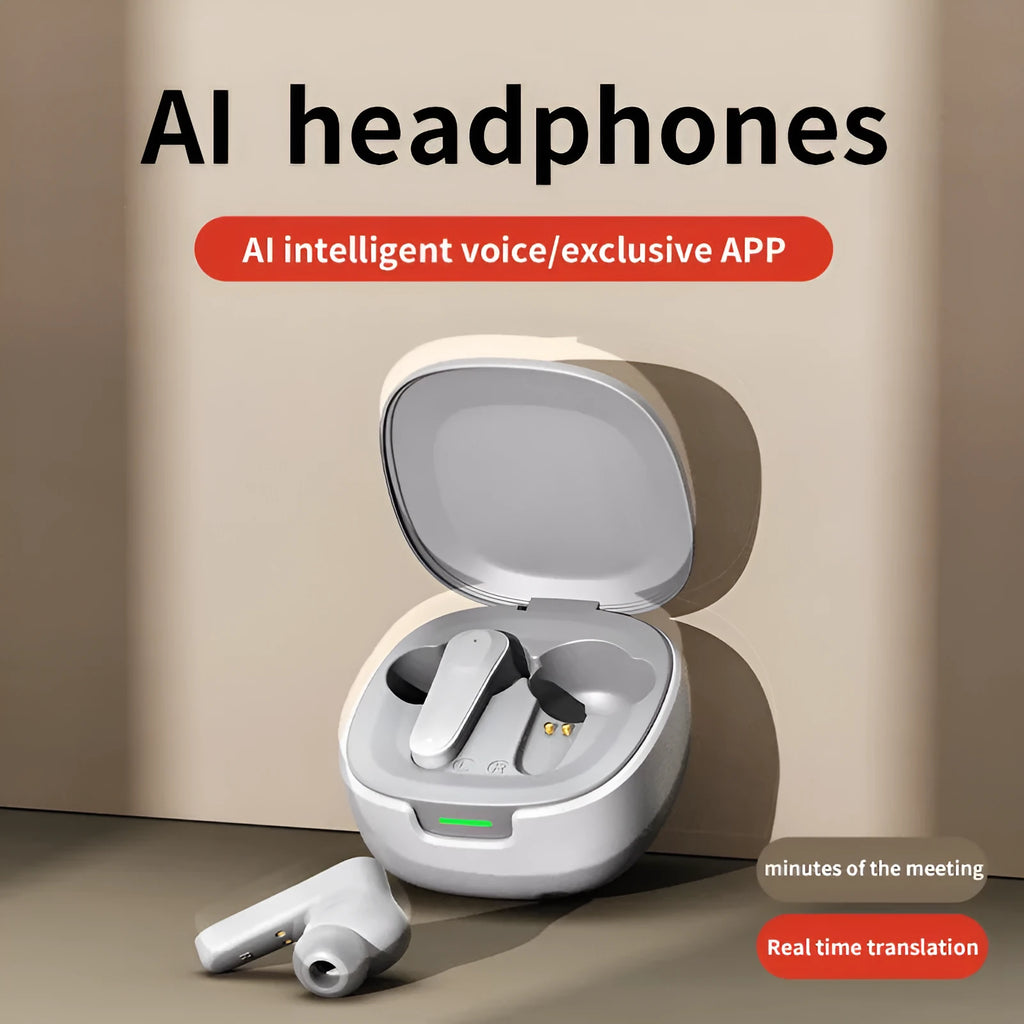 AI multi-language wireless in-ear translation earbuds in black, grey, and blue with charging cable
