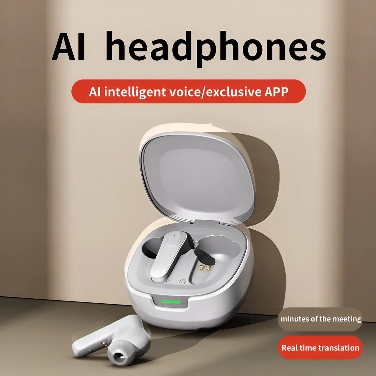 AI multi-language wireless in-ear translation earbuds in black, grey, and blue with charging cable