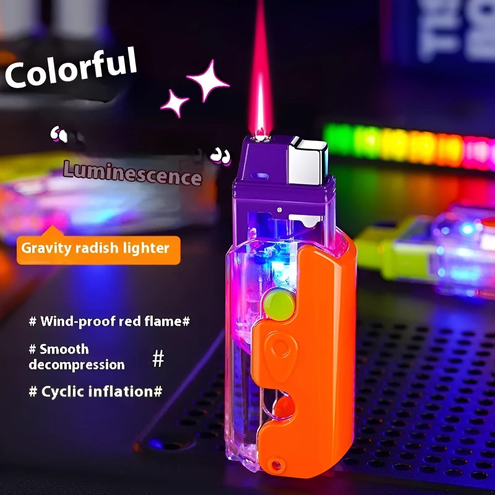 Colourful plastic luminous radish lighter in orange, purple, or green with wind-resistant feature