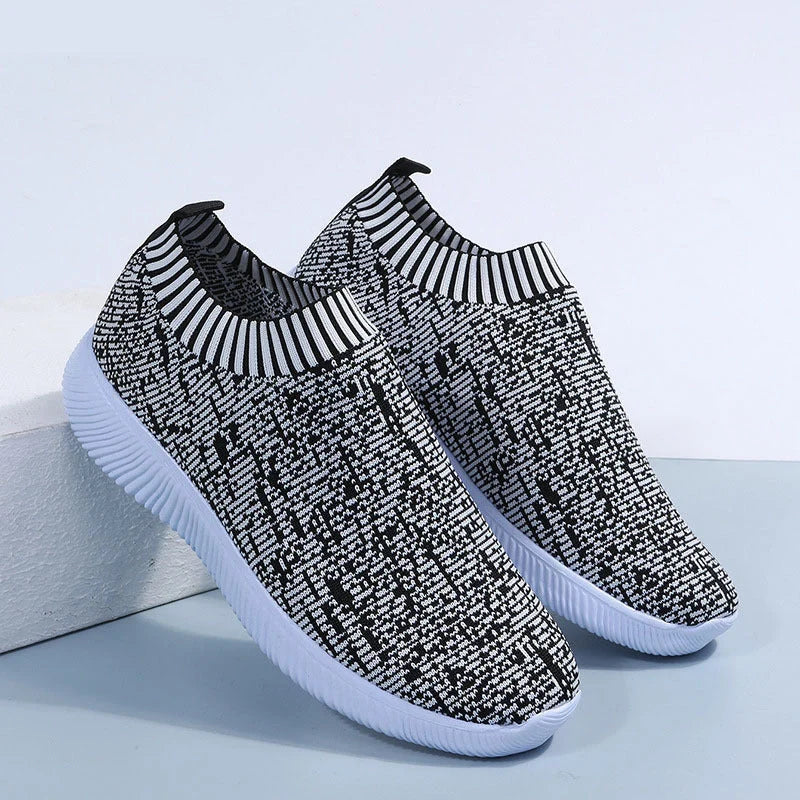 Stripe knit sock shoes in white, grey, and flower colour for running and walking