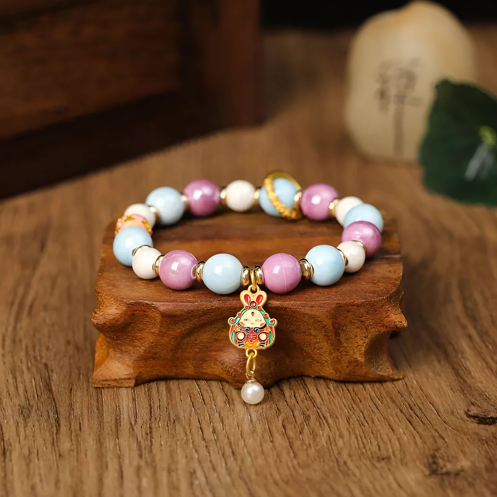 Handmade ceramic lucky rabbit bracelet with grey porcelain glaze on adjustable cord