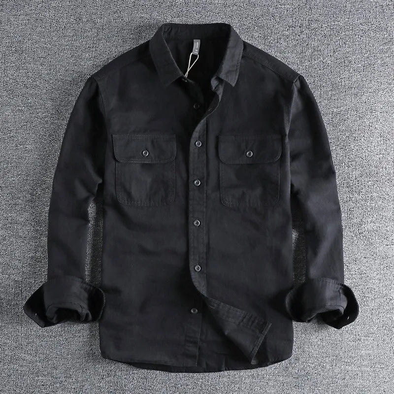 Man's loose fitting long sleeve cardigan shirt in light grey, black, khaki, or green.
