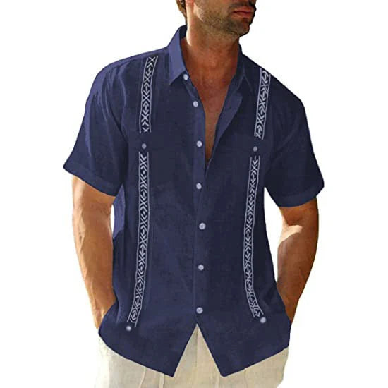 Men's casual Cuban-style Guayabera shirt with short sleeves and printed patterns