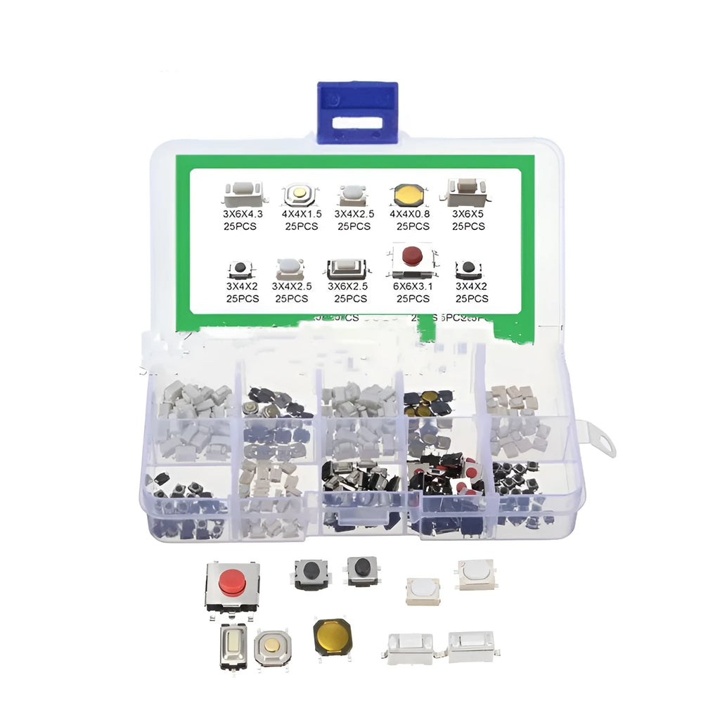 Box containing 250 industrial SMT touch switch buttons for circuit board assembly