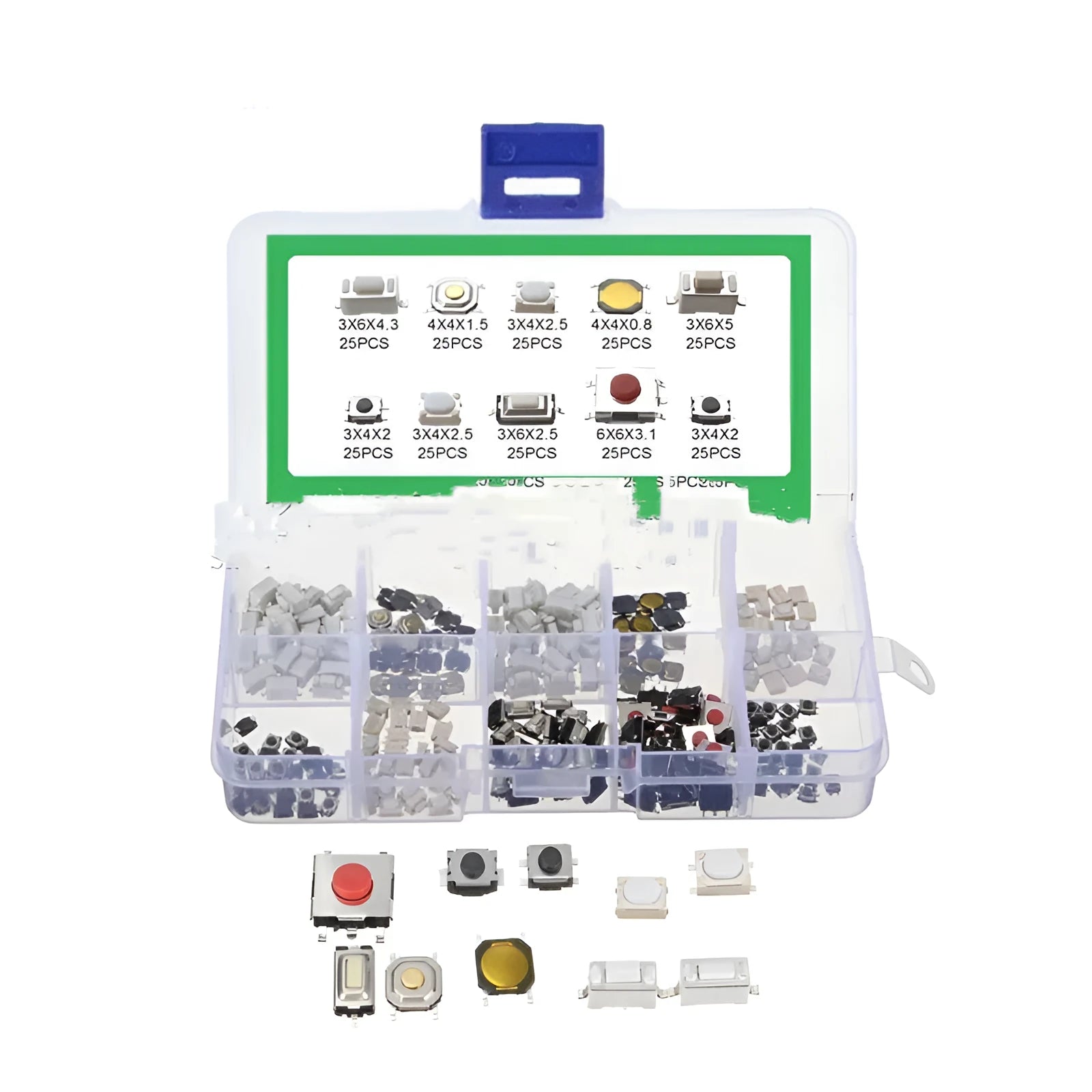 Box containing 250 industrial SMT touch switch buttons for circuit board assembly