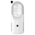 A compact white bladeless desk fan with an LED display, showing its dimensions and safe, blade-free air outlet.