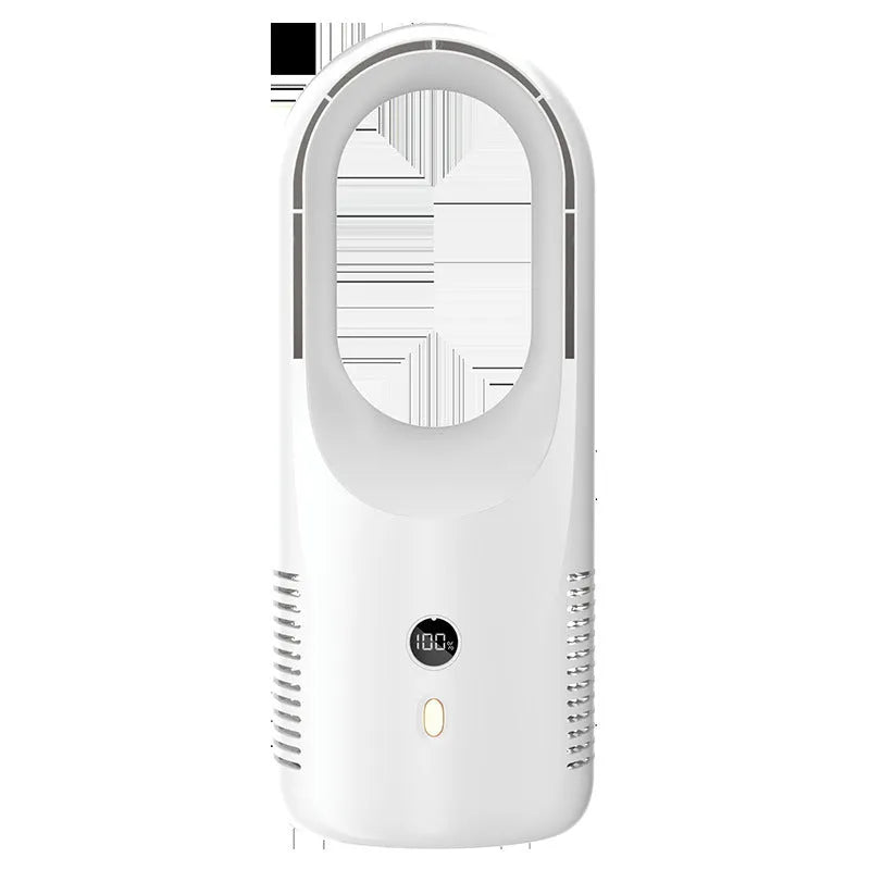 A compact white bladeless desk fan with an LED display, showing its dimensions and safe, blade-free air outlet.
