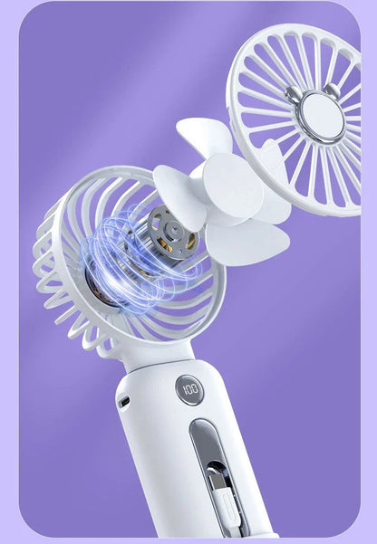 A versatile 2-in-1 handheld fan with power bank capabilities, featuring adjustable wind speeds and a compact, portable design for on-the-go cooling and charging