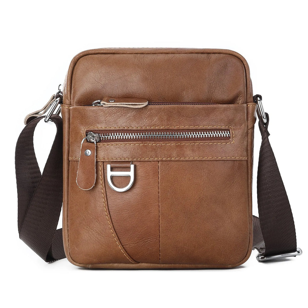 Black genuine leather messenger bag for boys with retro styling and crossbody strap