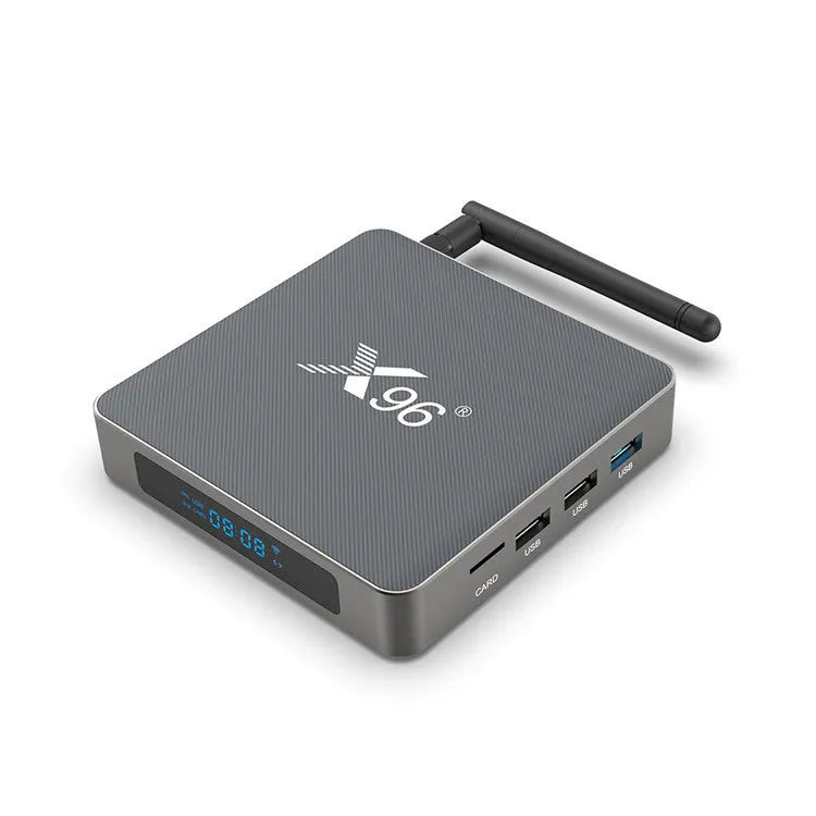 Android smart TV set-top box with remote control, HDMI cable and power adapter.