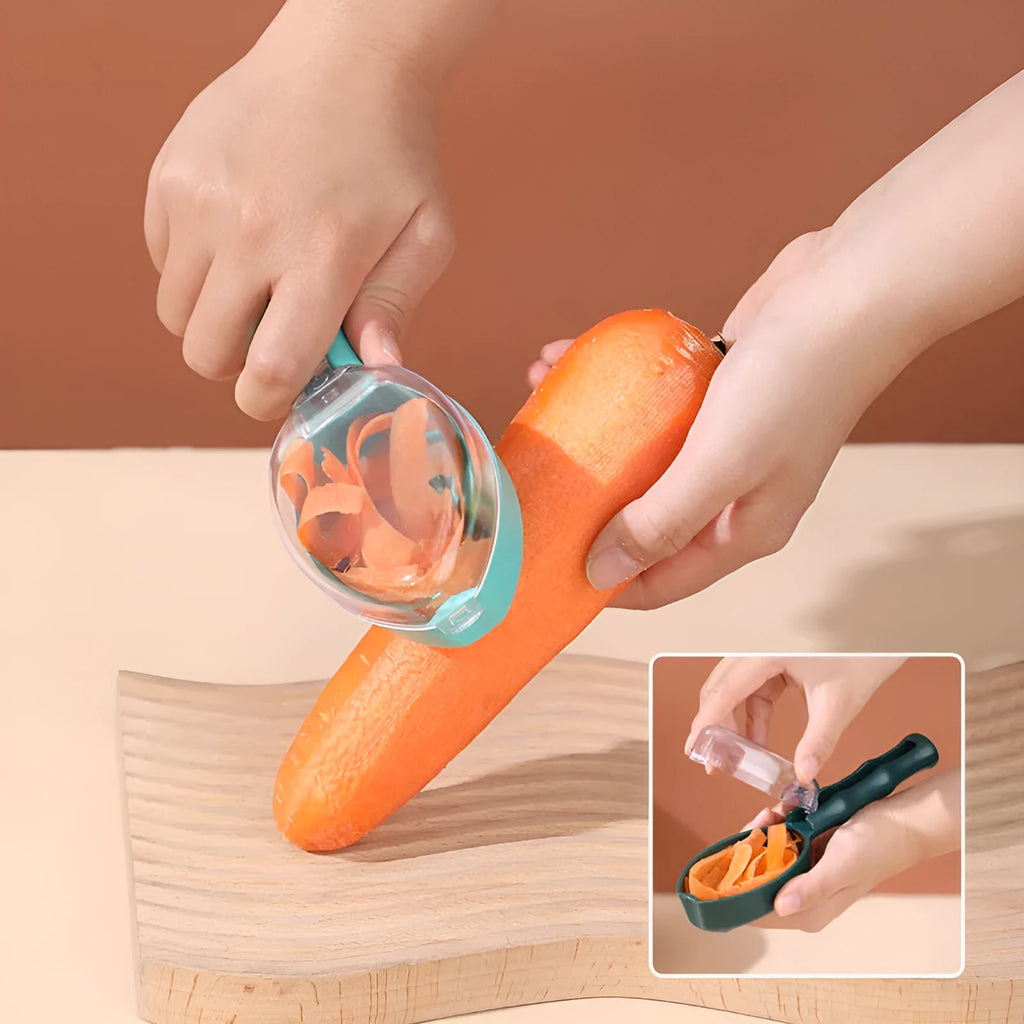 Yellow paring knife with storage lid for peeling fruits and vegetables