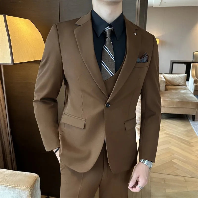 Men's slim fit business suit jacket in dark green, shown on a hanger.