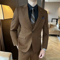 Men's slim fit business suit jacket in dark green, shown on a hanger.