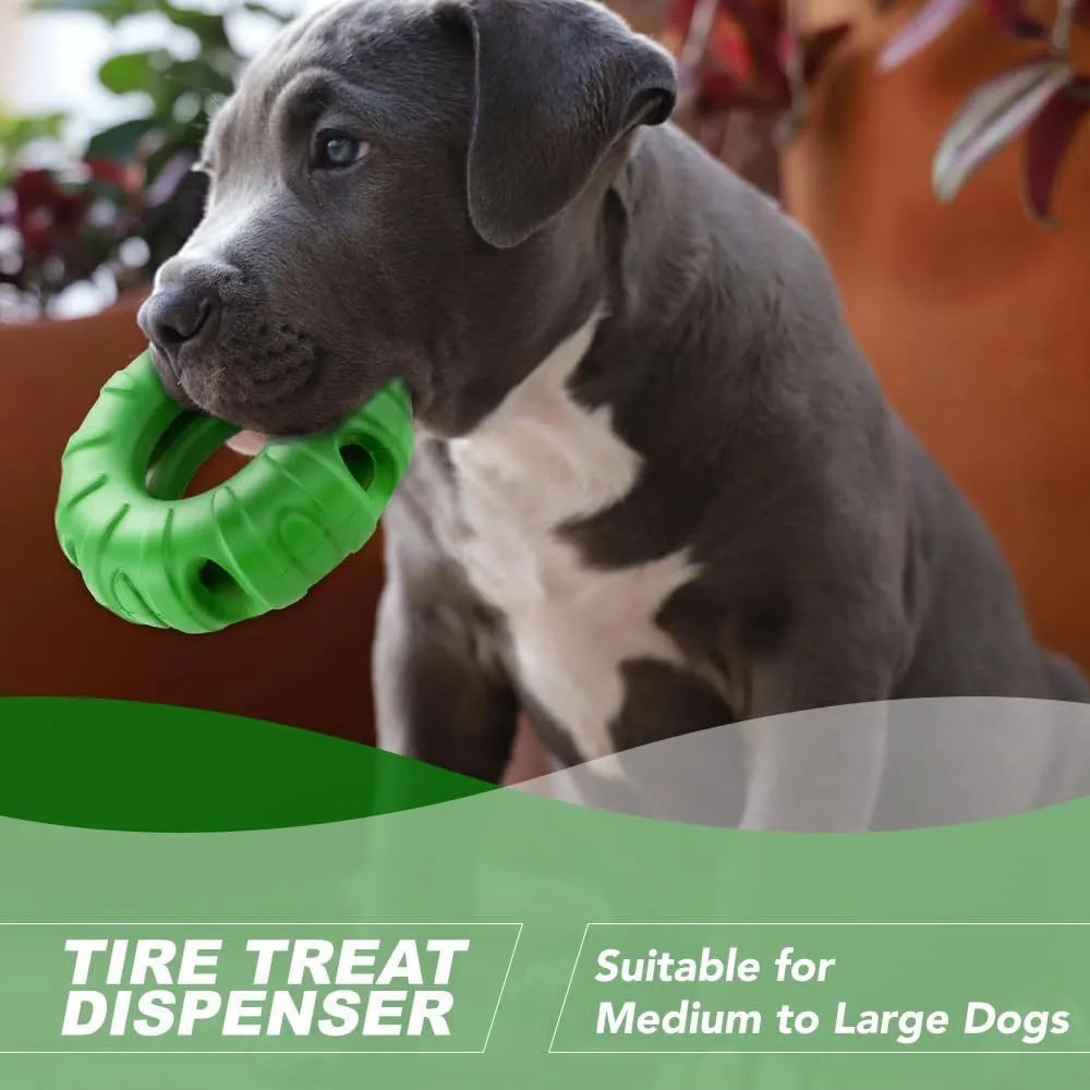 Blue rubber dog chew toy shaped like a tyre with holes, for medium and large dogs