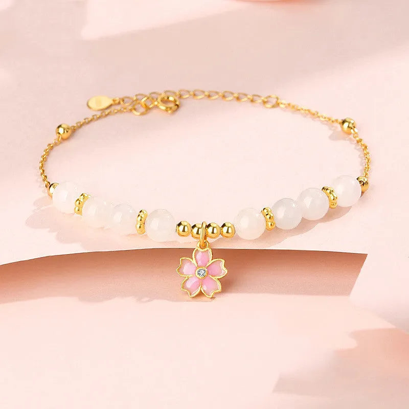 Pink 925 silver cherry blossom pendant bracelet with gradient epoxy finish and Hetian jade beads