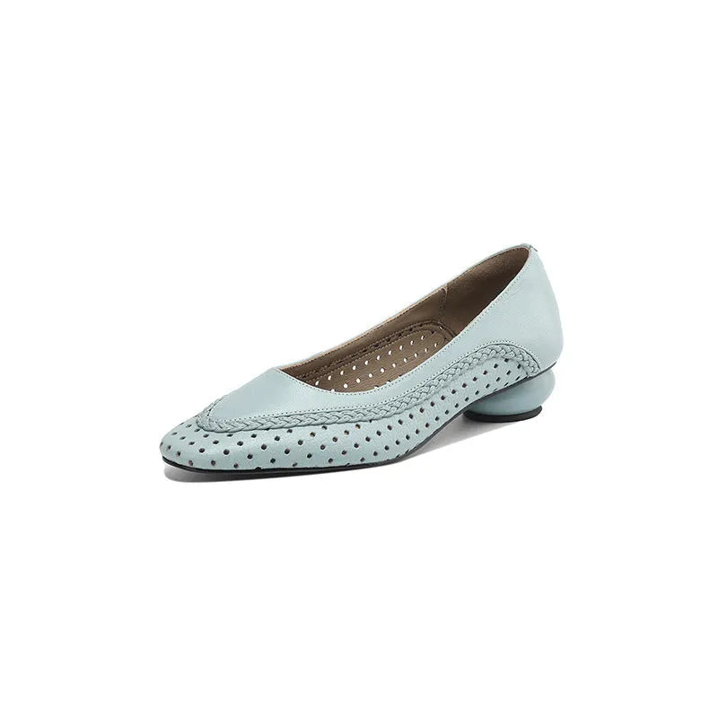 Women's plus size light blue sandals with hollow-out design and mid heel.