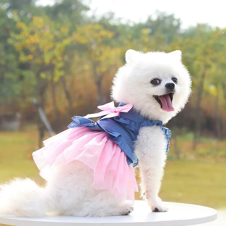 Korean denim pet skirt with creative bow design in princess style for dogs
