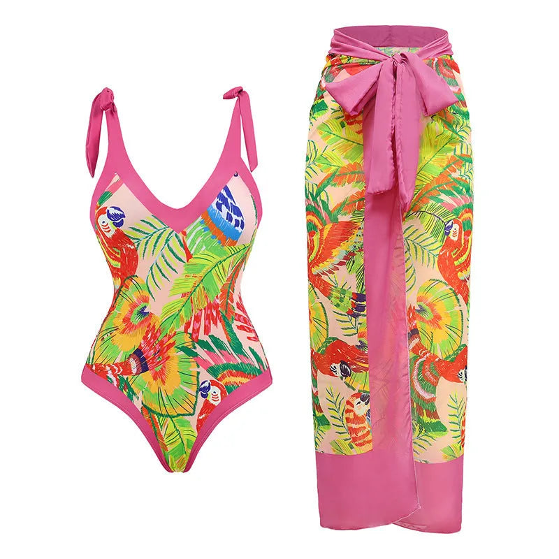 Women's pink retro one-piece swimsuit with V-neck, backless design and thin skirt cover