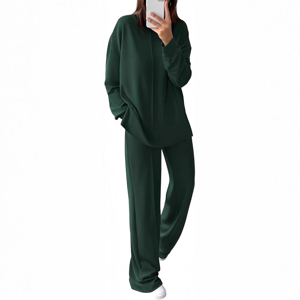 Women's long-sleeve polyester jogging suit set shown in Army Green, featuring a top and matching trousers