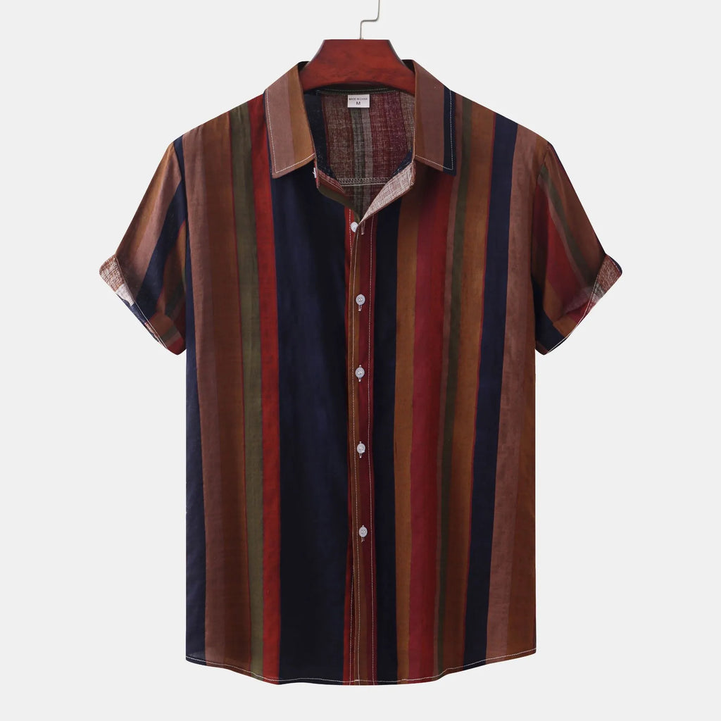Men's cotton retro casual shirt with colour block pattern, loose fit, short sleeves, and lapel collar