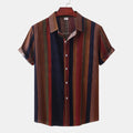 Men's cotton retro casual shirt with colour block pattern, loose fit, short sleeves, and lapel collar