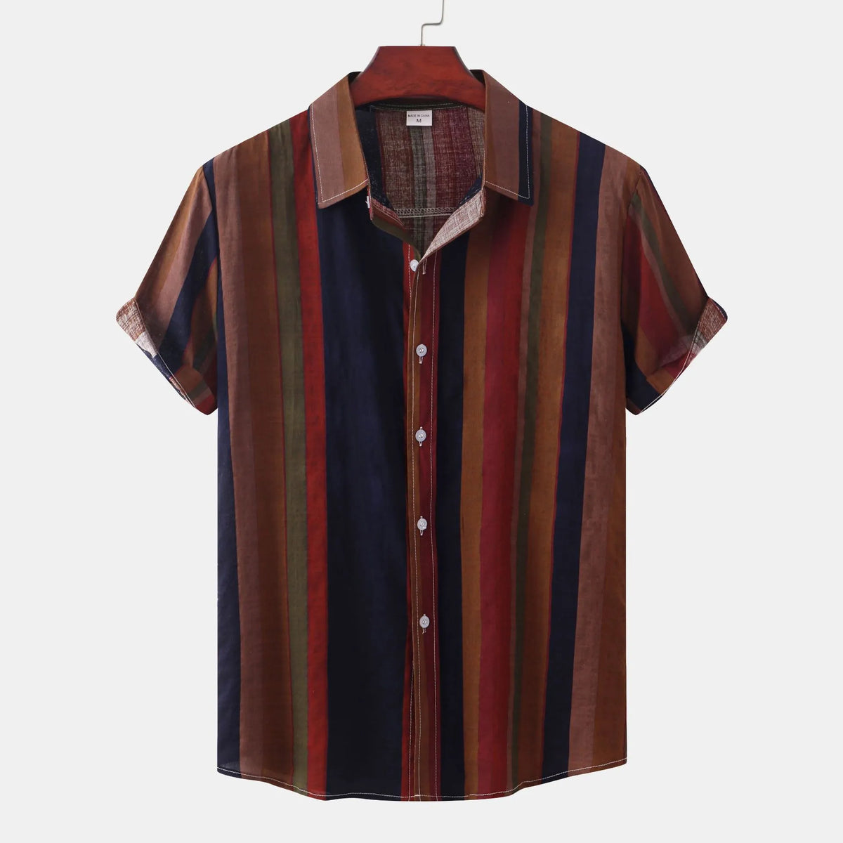 Men's cotton retro casual shirt with colour block pattern, loose fit, short sleeves, and lapel collar