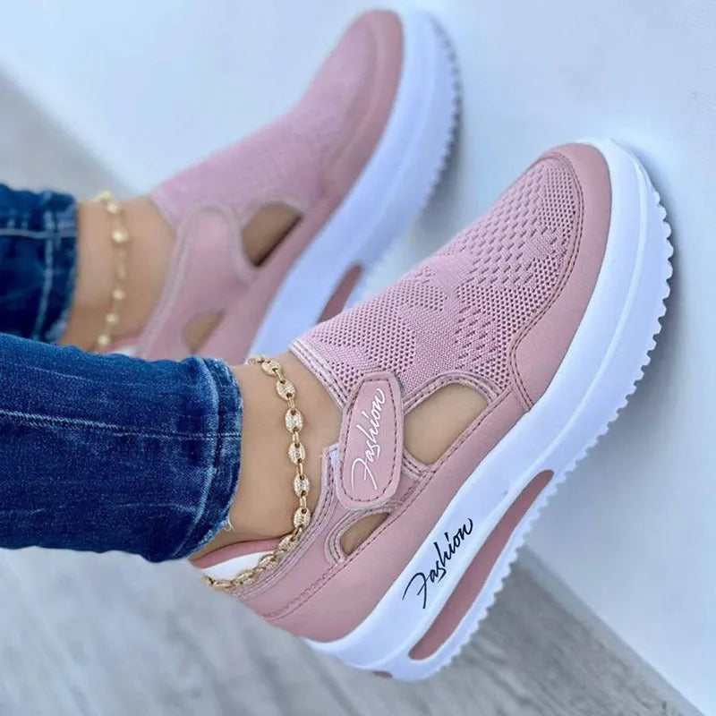 Flat fly knit breathable mesh casual shoes for women with Velcro strap, round toe, low heel, plain style