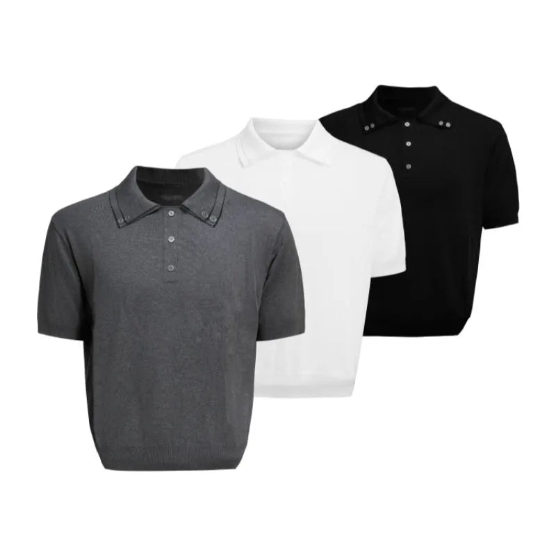 Men's black polyester shirt with lapel collar and short sleeves