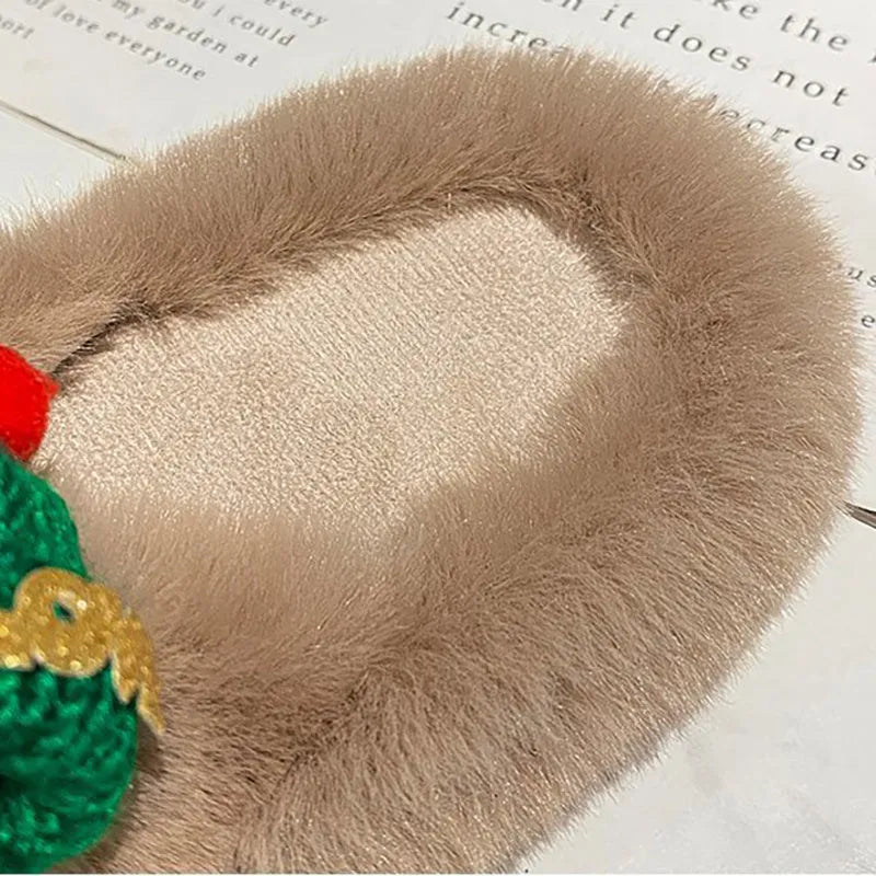 Women's Christmas hat decoration super hairy faux plush slippers in black, khaki, or white on a rubber sole.