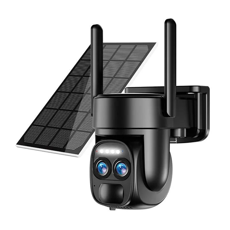 Solar-powered security camera with 8x zoom lens mounted on exterior wall