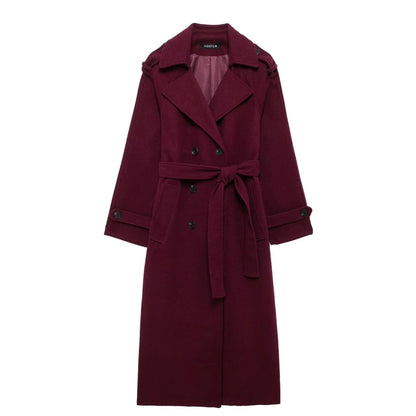 Women's wine red woolen trench coat with double-breasted design and adjustable belt